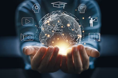 Digital technology concept with hands holding a glowing globe